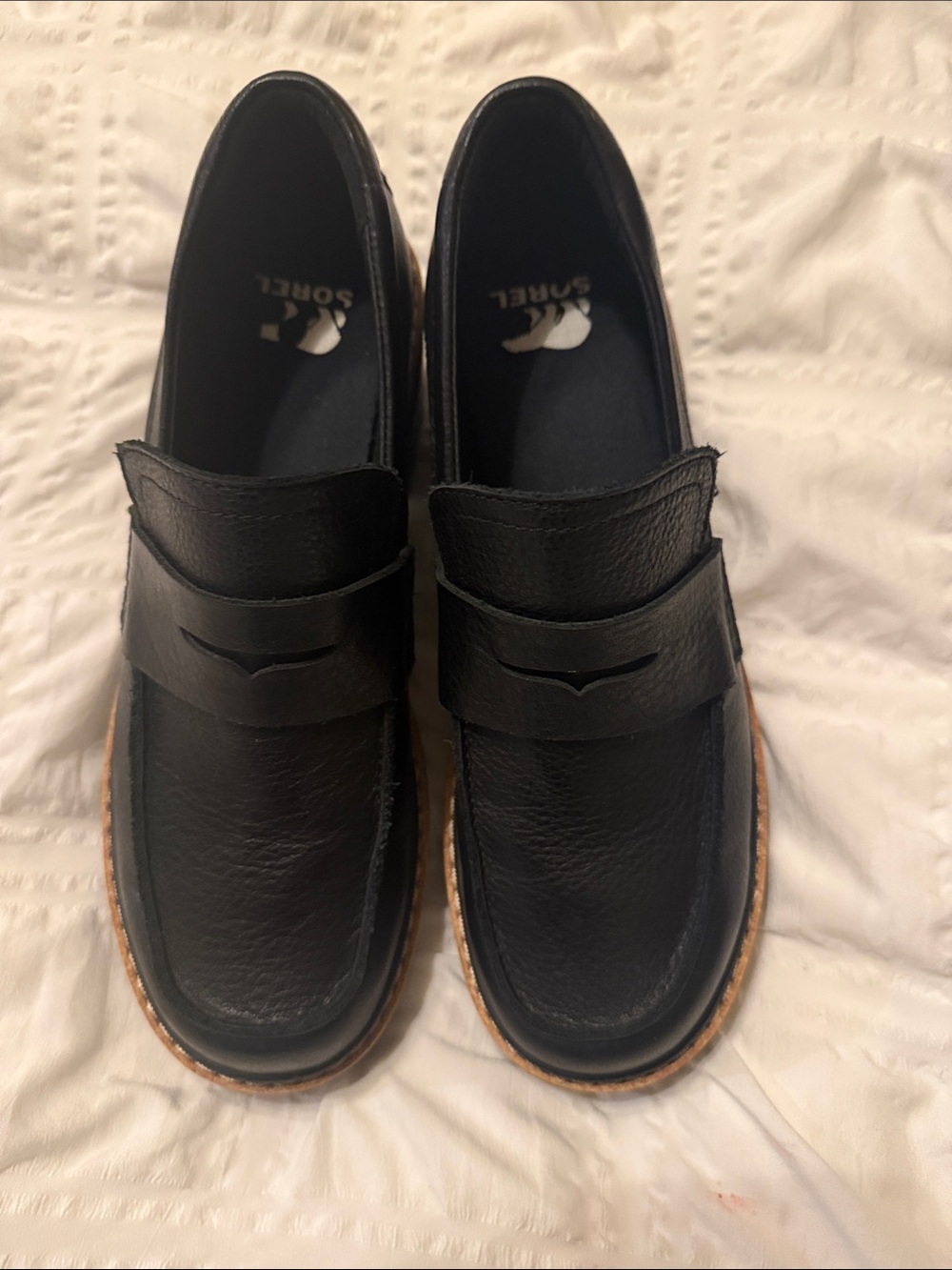 Sorel Black Leather Penny Loafers with Tan Midsole